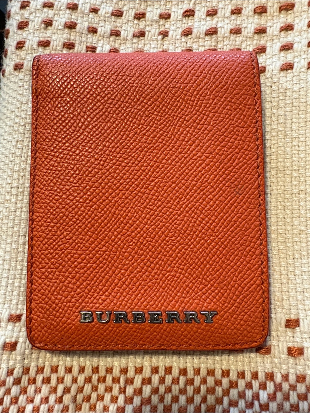 Burberry Orange Textured Leather Card Holder with Silver Logo
